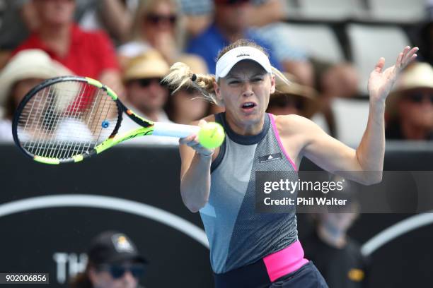 Caroline Wozniaki of Denmark plays a forehand during the Womens Singles Final against Julia Goerges of Germany during day seven of the ASB Women's...