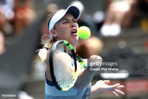 Caroline Wozniaki of Denmark plays a forehand during the Womens Singles Final against Julia Goerges of Germany during day seven of the ASB Women's...