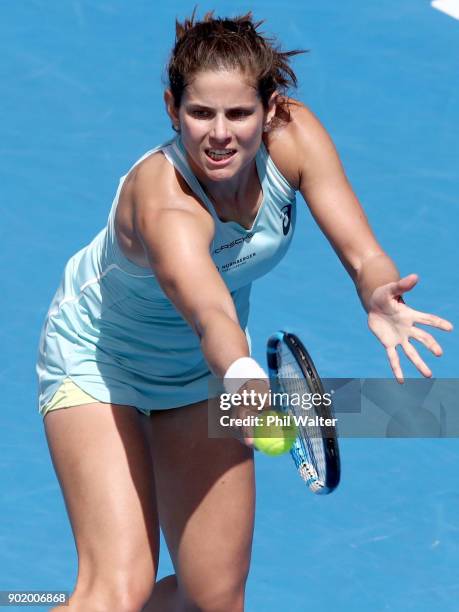 Julia Goerges of Germany plays a backhand during the Womens Singles Final against Caroline Wozniaki of Denmark during day seven of the ASB Women's...