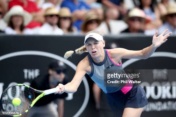 Caroline Wozniaki of Denmark plays a forehand during the Womens Singles Final against Julia Goerges of Germany during day seven of the ASB Women's...