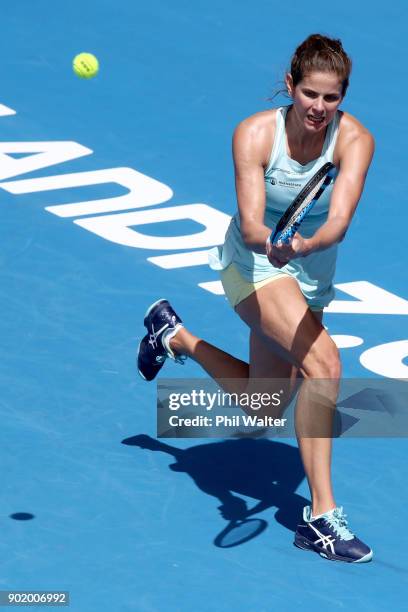 Julia Goerges of Germany plays a backhand during the Womens Singles Final against Caroline Wozniaki of Denmark during day seven of the ASB Women's...