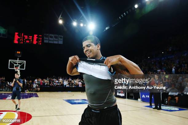 Edgar Sosa of the Breakers celebrates after hitting a long range shot to end the game during the round 13 NBL match between the New Zealand Breakers...