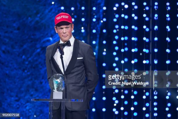 Johannes Hosflot Klaebo speaks during the Sport Gala Awards at the Olympic Amphitheater on January 6, 2018 in Hamar, Norway.