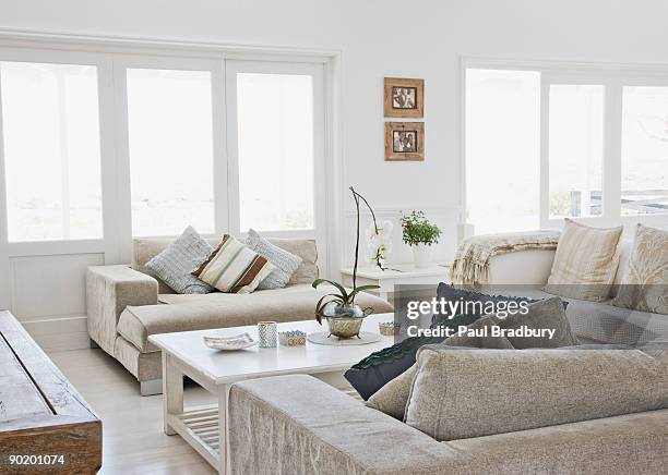 living room of modern home - living room window stock pictures, royalty-free photos & images