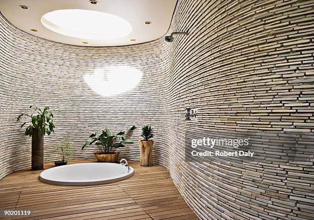 sunken tub in modern bathroom - glass ceiling stock pictures, royalty-free photos & images