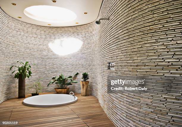sunken tub in modern bathroom - skylight stock pictures, royalty-free photos & images