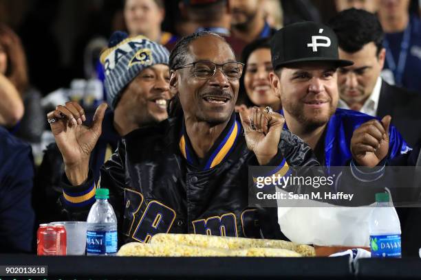 Rapper Snoop Dogg attends the NFC Wild Card Playoff Game between the Los Angeles Rams and Atlanta Falcons at the Los Angeles Coliseum on January 6,...
