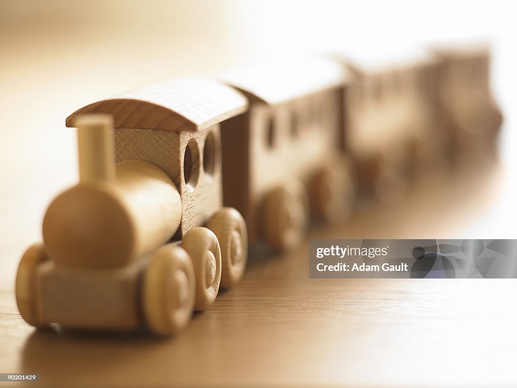 Close up of wooden train set