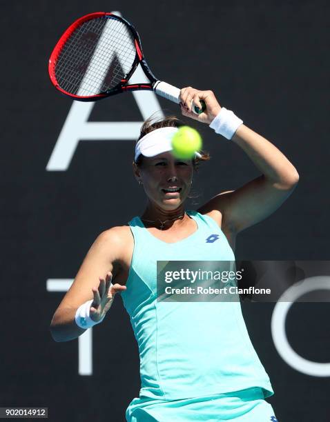 Varvara Lepchenko of the USA returns a shot to Mona Barthel of Germany during their singles match during Day One of 2018 Hobart International match...