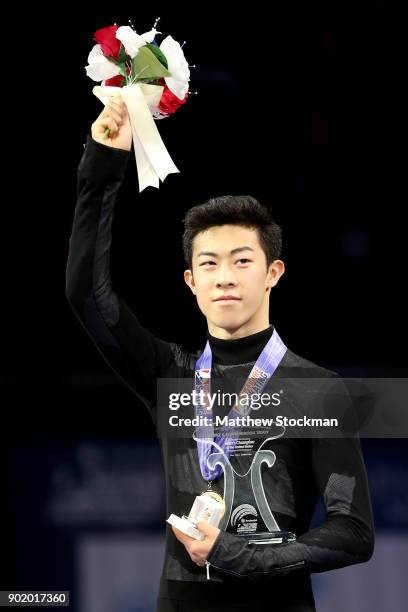 Nathan Chen celebrates after the medal ceremony for the Championship Men's during the 2018 Prudential U.S. Figure Skating Championships at the SAP...