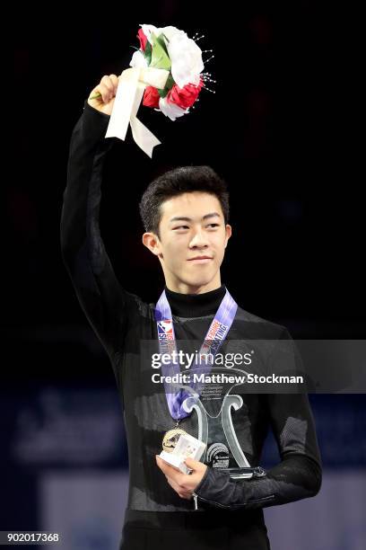 Nathan Chen celebrates after the medal ceremony for the Championship Men's during the 2018 Prudential U.S. Figure Skating Championships at the SAP...