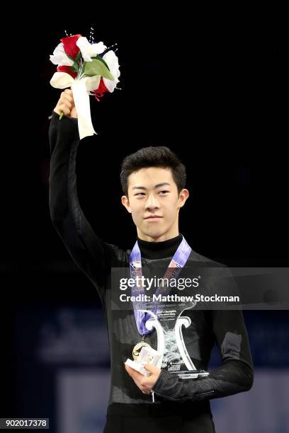 Nathan Chen celebrates after the medal ceremony for the Championship Men's during the 2018 Prudential U.S. Figure Skating Championships at the SAP...