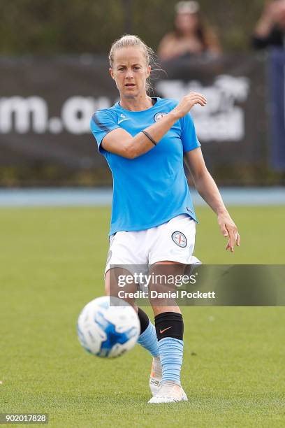 Aivi Luik of Melbourne City warms up before the round ten W-League match between Melbourne City and Perth Glory at CB Smith Reserve on January 7,...