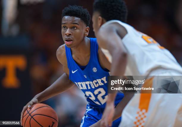 Kentucky Wildcats guard Shai Gilgeous-Alexander bringing the ball up court is guarded by Tennessee Volunteers guard Jordan Bowden during a game...