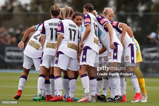 Perth Glory gather before the round ten W-League match between Melbourne City and Perth Glory at City Football Academy, Bundoora on January 7, 2018...