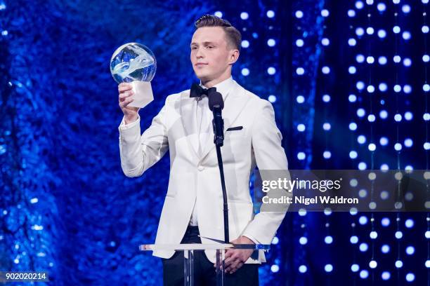 Karsten Warholm poses with his award during the Sport Gala Awards at Olympic Amphitheater on January 6, 2018 in Hamar, Norway.