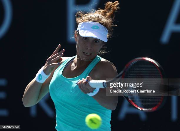 Varvara Lepchenko of the USA returns a shot to Mona Barthel of Germany during their singles match during Day One of 2018 Hobart International match...