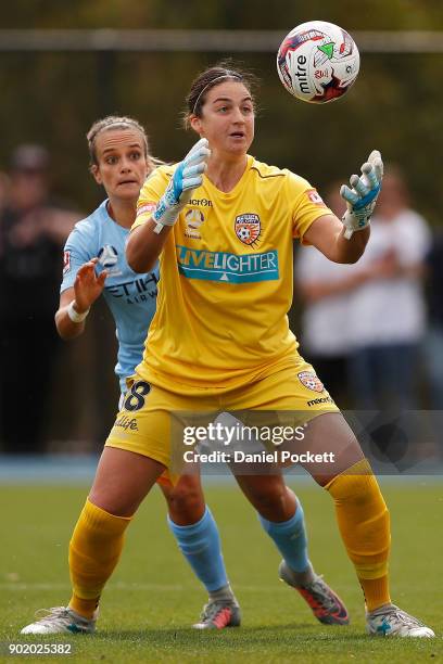 Tyla-Jay Vlajnic of Melbourne City and Perth Glory goalkeeper Melissa Maizels contest the ball during the round ten W-League match between Melbourne...