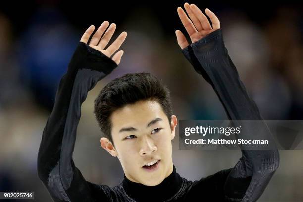 Nathan Chen acknowledges the crowd after competing in the Men's Free Skate during the 2018 Prudential U.S. Figure Skating Championships at the SAP...