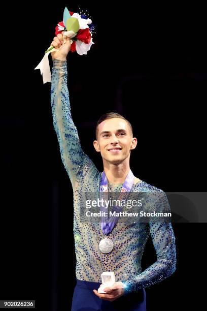 Adam Rippon celebrates after the medal ceremony for the Championship Men's during the 2018 Prudential U.S. Figure Skating Championships at the SAP...