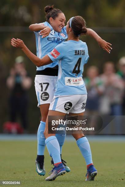 Melbourne City celebrate a goal to Ashley Hatch of Melbourne City during the round ten W-League match between Melbourne City and Perth Glory at City...