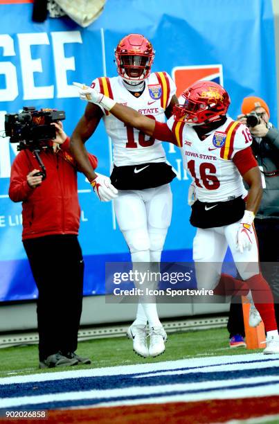 Iowa State Cyclones wide receiver Hakeem Butler celebrates a touchdown reception during the AutoZone Liberty Bowl game between the Memphis Tigers and...