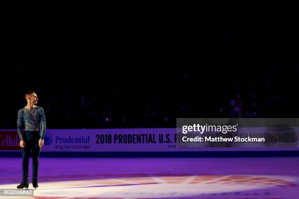 Adam Rippon takes a curtain call as he is introdced for the medal ceremony for the Championship Men's during the 2018 Prudential U.S. Figure Skating...