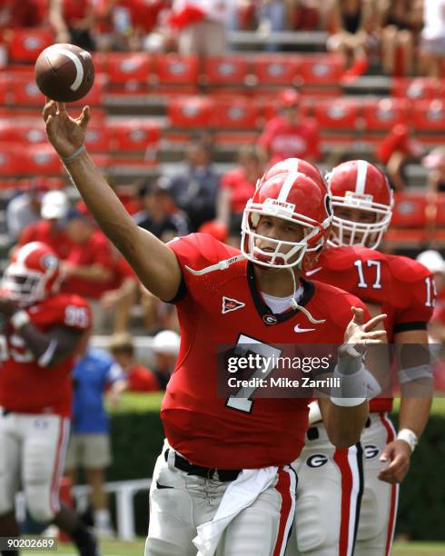 Georgia QB Matt Stafford warms up before the game against Western Kentucky at Sanford Stadium in Athens, GA on September 2, 2006. The Bulldogs beat...