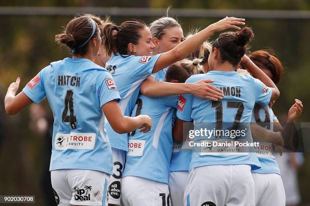 Melbourne City celebrate a goal to Tyla-Jay Vlajnic of Melbourne City during the round ten W-League match between Melbourne City and Perth Glory at...