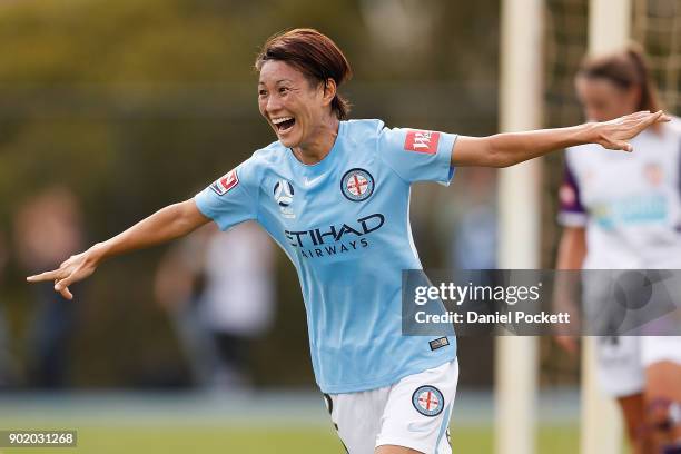 Yukari Kinga of Melbourne City celebrates a goal during the round ten W-League match between Melbourne City and Perth Glory at City Football Academy,...