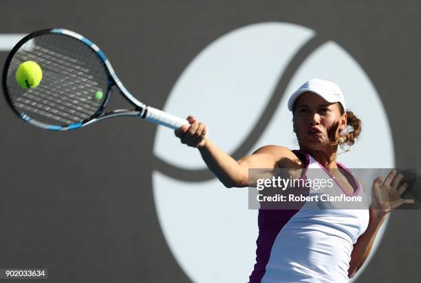 Yulia Putintseva of Kazakhstan plays a forehand during her singles match against Naomi Osaka of Japan during Day One of 2018 Hobart International...