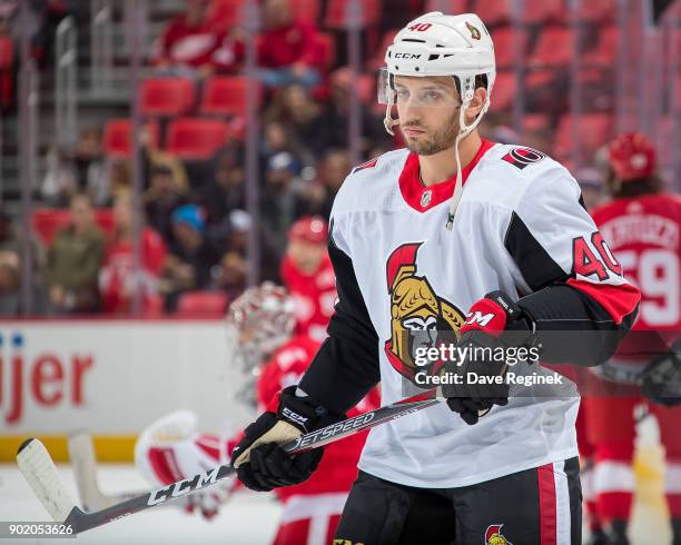 Gabriel Dumont of the Ottawa Senators skates in warm-ups prior to an NHL game against the Detroit Red Wings at Little Caesars Arena on January 3,...