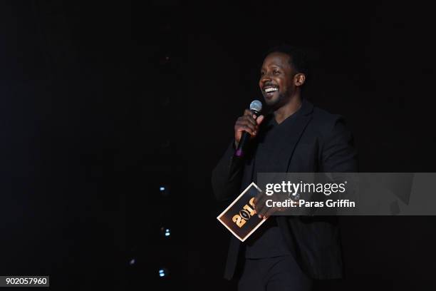 Television personality/former NFL player Desmond Howard speaks onstage during AT&T Playoff Playlist Live! at Centennial Olympic Park on January 6,...