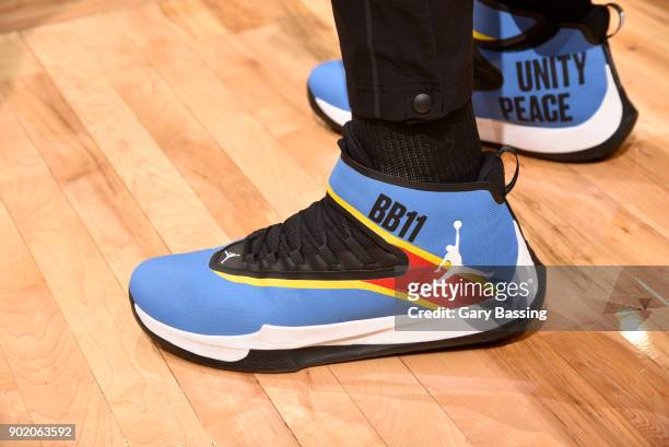 The sneakers of Bismack Biyombo of the Orlando Magic are seen during the game against the Cleveland Cavaliers on January 6, 2018 at Amway Center in...