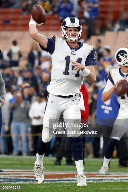 Sean Mannion of the Los Angeles Rams warms up prior to the NFC Wild Card Playoff Game against the Atlanta Falcons at the Los Angeles Coliseum on...