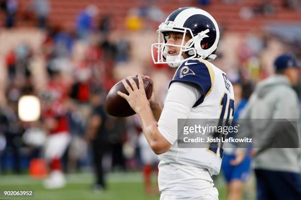 Jared Goff of the Los Angeles Rams warms up prior to the NFC Wild Card Playoff Game against the Atlanta Falcons at the Los Angeles Coliseum on...