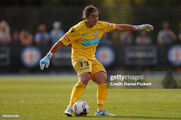 Perth Glory goalkeeper Melissa Maizels kicks the ball during the round ten W-League match between Melbourne City and Perth Glory at City Football...