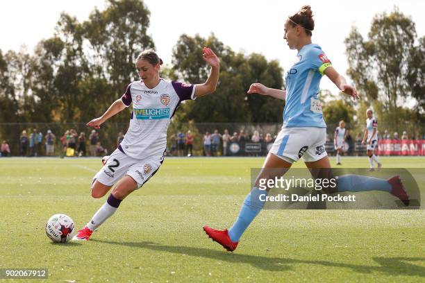 Sarah Carroll of Perth Glory kicks the ball during the round ten W-League match between Melbourne City and Perth Glory at City Football Academy,...