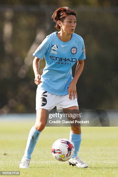 Yukari Kinga of Melbourne City runs with the ball during the round ten W-League match between Melbourne City and Perth Glory at City Football...