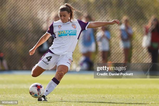 Natasha Rigby of Perth Glory kicks the ball during the round ten W-League match between Melbourne City and Perth Glory at City Football Academy,...