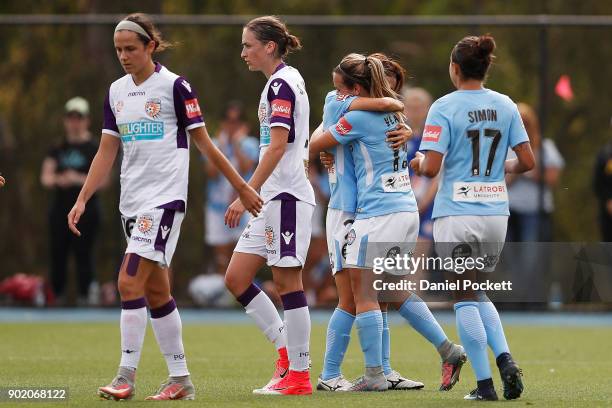 Melbourne City celebrate a goal to Tyla-Jay Vlajnic of Melbourne City during the round ten W-League match between Melbourne City and Perth Glory at...