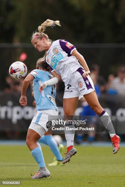 Nicole Stanton of Perth Glory and Tyla-Jay Vlajnic of Melbourne City during the round ten W-League match between Melbourne City and Perth Glory at...