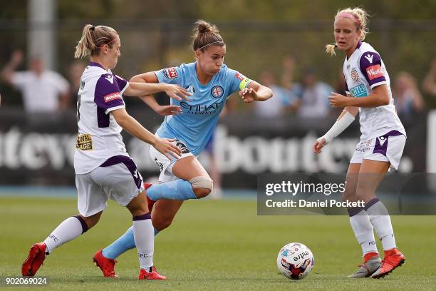 Stephanie Catley of Melbourne City runs with the ball during the round ten W-League match between Melbourne City and Perth Glory at City Football...