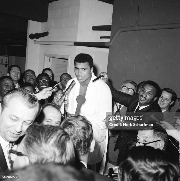 World Heavyweight Title: Muhammad Ali with media before fight vs Cleveland Williams at Astrodome. Houston, TX CREDIT: Herb Scharfman