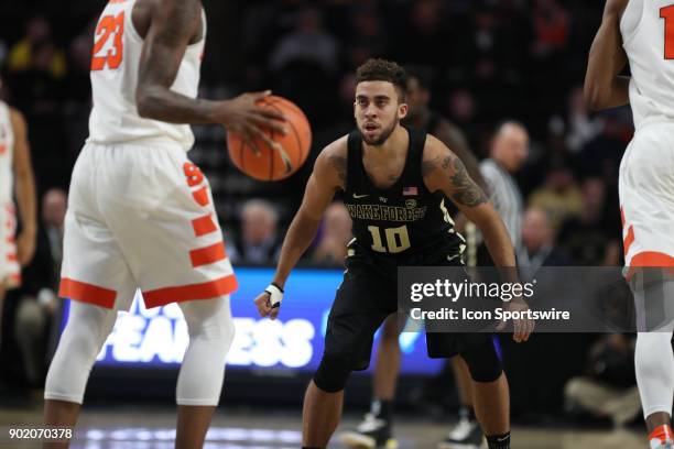 Wake Forest Demon Deacons guard Mitchell Wilbekin back on defense against the Syracuse Orange during the ACC contest between the Syracuse Orange and...