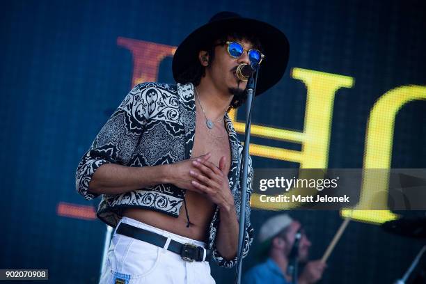 Andro Cowperthwaite of the band Jungle performs at Falls Festival on January 7, 2018 in Fremantle, Australia.