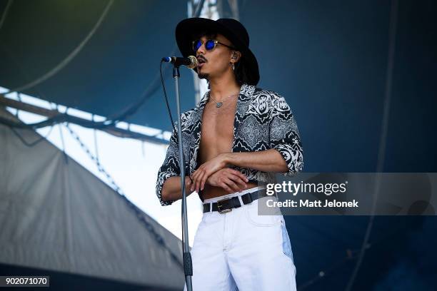 Andro Cowperthwaite of the band Jungle performs at Falls Festival on January 7, 2018 in Fremantle, Australia.