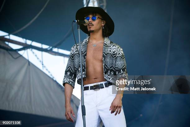 Andro Cowperthwaite of the band Jungle performs at Falls Festival on January 7, 2018 in Fremantle, Australia.