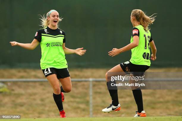 Ellie Carpenter of Canberra United FC celebrates kicking a goal during the round 10 W-League match between Canberra United and Adelaide United at...