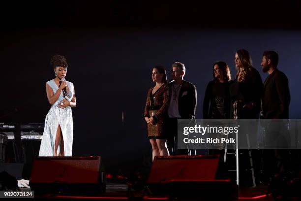 Shanola Hampton speaks ontage during The Art of Elysium presents John Legend's HEAVEN at Barker Hangar on January 6, 2018 in Santa Monica, California.